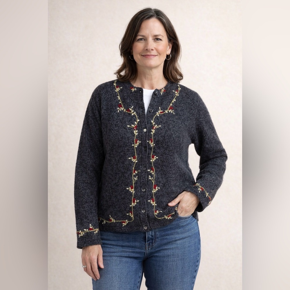 Newton Trading Co Embroidered Wool Cardigan Sweater Women’s Large Floral Vintage